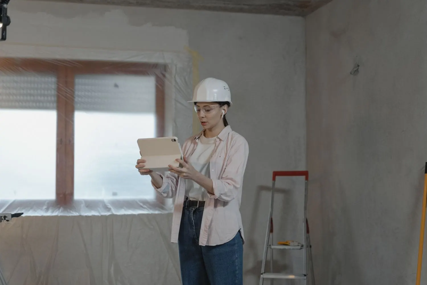 Construction manager with tablet inside an unfinished interior